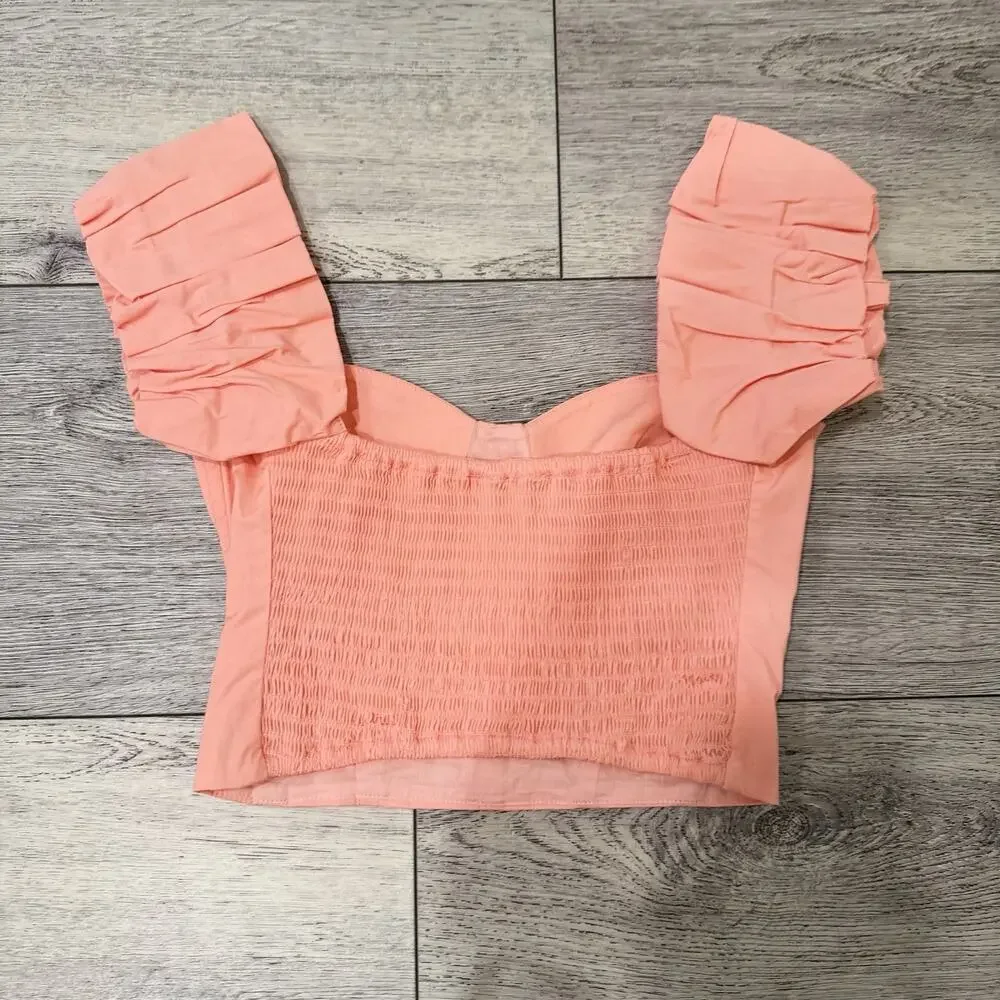 Staud Top Size Small Coral Puff Sleeve Bustier Crop Top Cottagecore Romantic